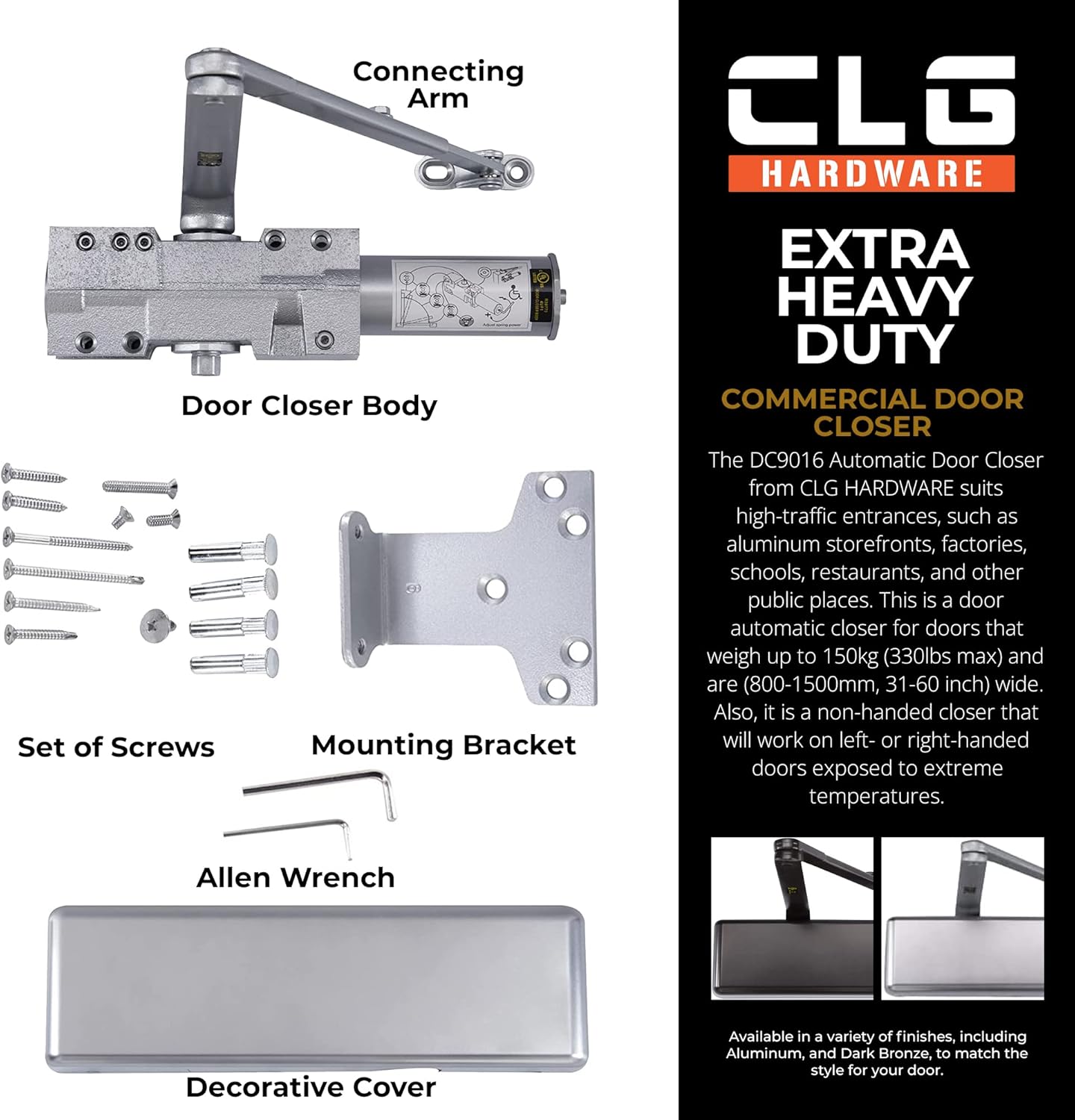 CLG HARDWARE DC9016 Extra Heavy Duty Commercial Door Closer - Size 1-6, Aluminum Surface-Mounted Auto Closer for Heavy Traffic Areas - WildKart