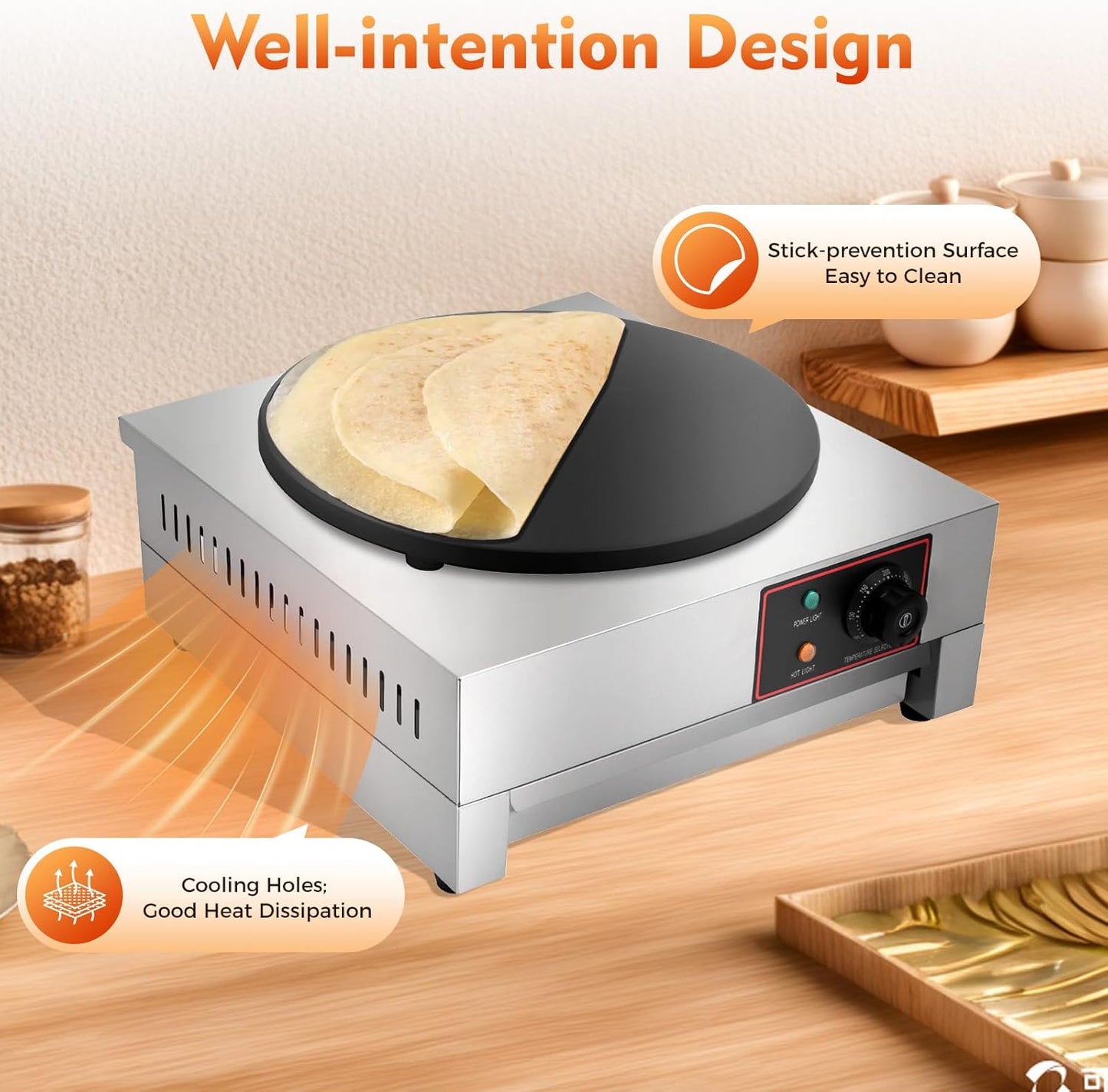 Commercial Electric Crepe Maker Pancake Machine with Adjustable Temperature: 1700W 16" Powerful Big Hotplate Non Stick Stove for Restaurant