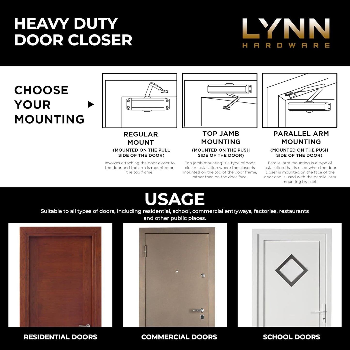 Commercial Grade Heavy Duty Surface-Mounted Automatic Door Closer - Size 1-6, Brass/Gold Finish