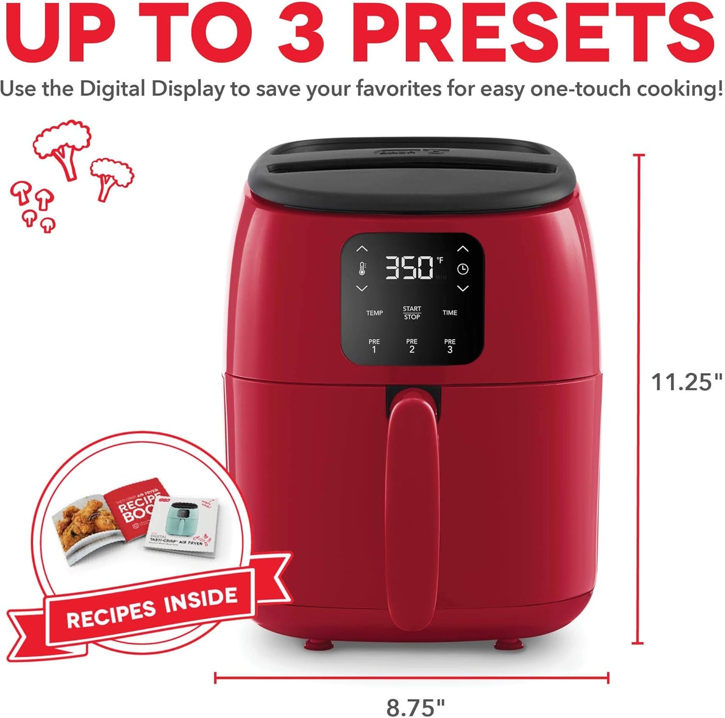 Compact 2.6 Qt. Red Electric Air Fryer Oven for Healthier Meals - Auto Shut Off, Digital, 1000-Watt - Ideal for Small Spaces - DASH Tasti-Crisp™