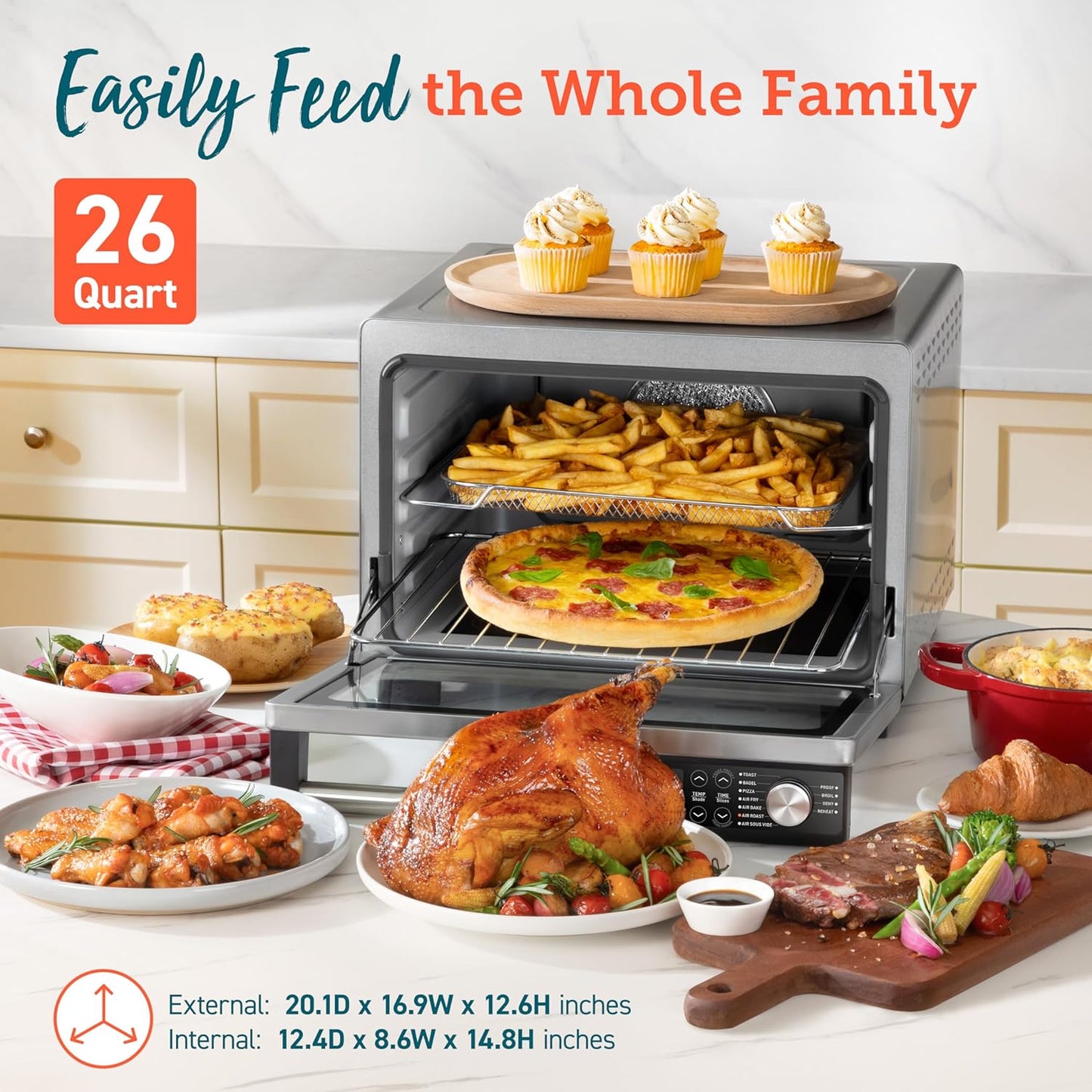 COSORI 11-in-1 Ceramic Air Fryer Toaster Oven Combo, 26Qt, Easy Cleanup, Stainless Steel, Burner Function, 5 Accessories & Recipes