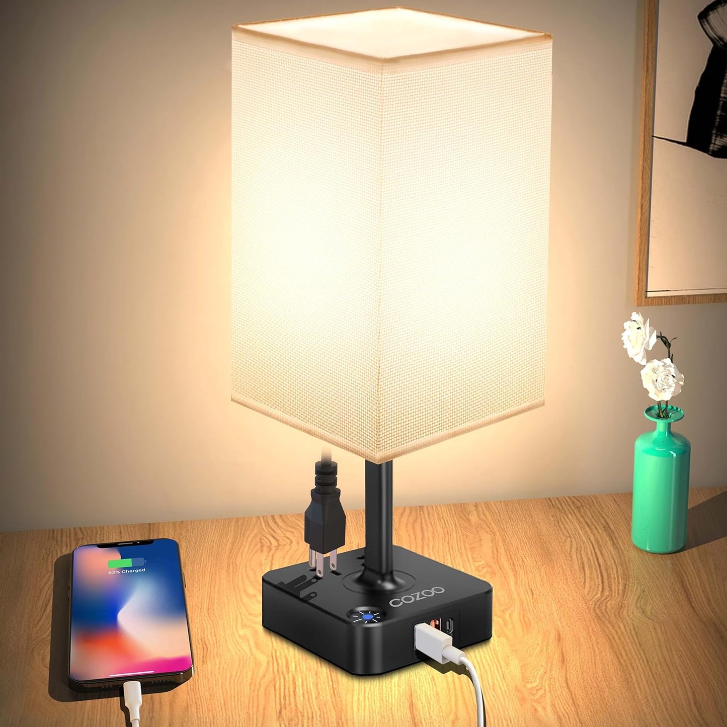 Cozoo Dimmable LED Desk Lamp with 3 USB Charging Ports, 2 Outlets, Pen Holders, 3 Color 3 Brightness Levels, Touch/Memory Function