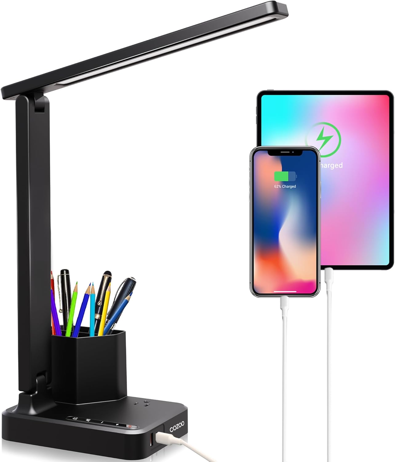 Cozoo Dimmable LED Desk Lamp with 3 USB Charging Ports, 2 Outlets, Pen Holders, 3 Color 3 Brightness Levels, Touch/Memory Function