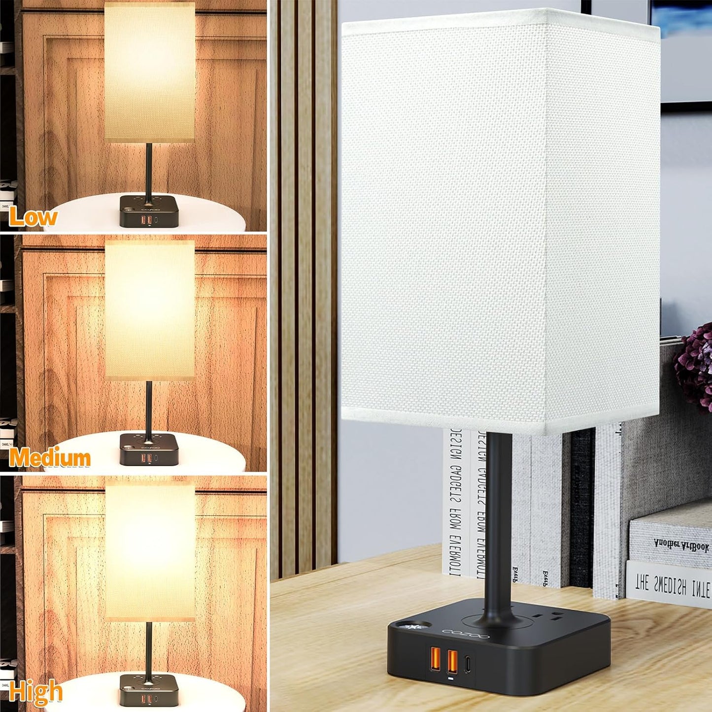 Cozoo Dimmable LED Desk Lamp with 3 USB Charging Ports, 2 Outlets, Pen Holders, 3 Color 3 Brightness Levels, Touch/Memory Function