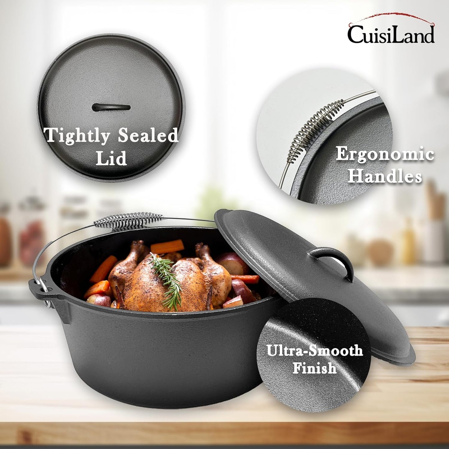 Cuisiland 9 Quart 12 Inch Cast Iron Dutch Oven with Pre-seasoned Dome Lid