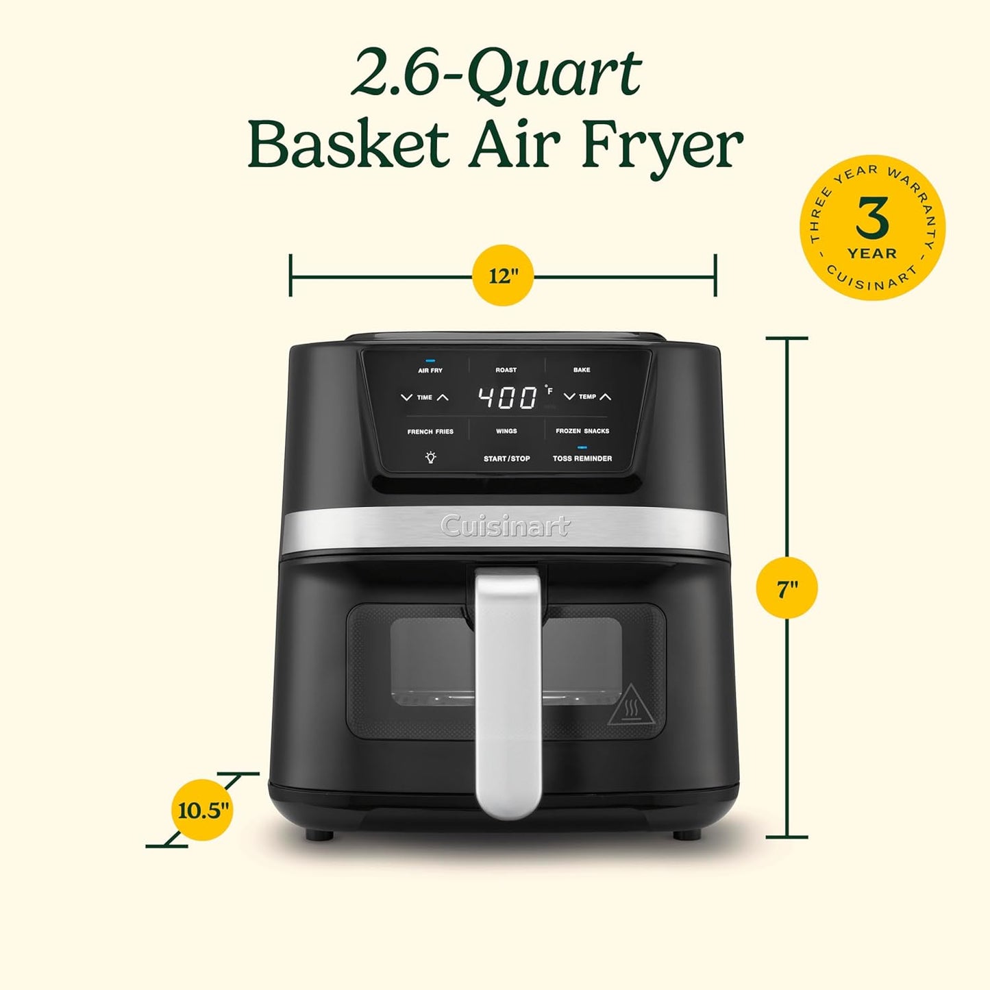 Cuisinart AIR-80 Air Fryer Oven with 2.6-Qt Basket, Black and Stainless Steel - 3 Presets for Roasting, Baking, and Air Frying - Easy to Clean and Quick Cooking