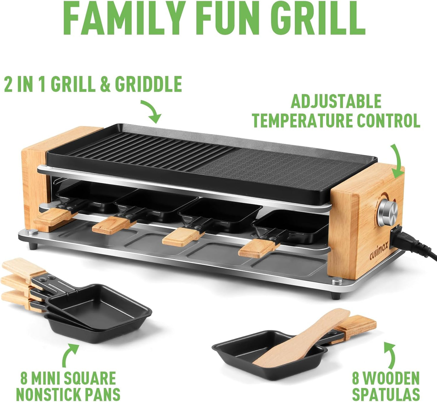 CUSIMAX Electric Raclette Table Grill with Non-Stick Plate, Wooden Frame, 8 Cheese Pans, Spatulas - 2 in 1 Indoor Grill & Griddle, Three-Layer Korean BBQ Grill