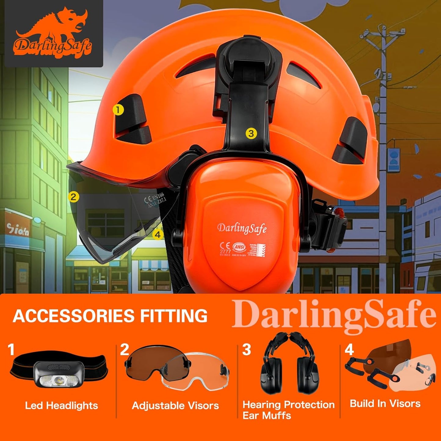 DarlingSafe Vented Safety Helmet with Visor, Ear Muffs, ANSI Z89.1 - Outdoor Work Hard Hat for Construction