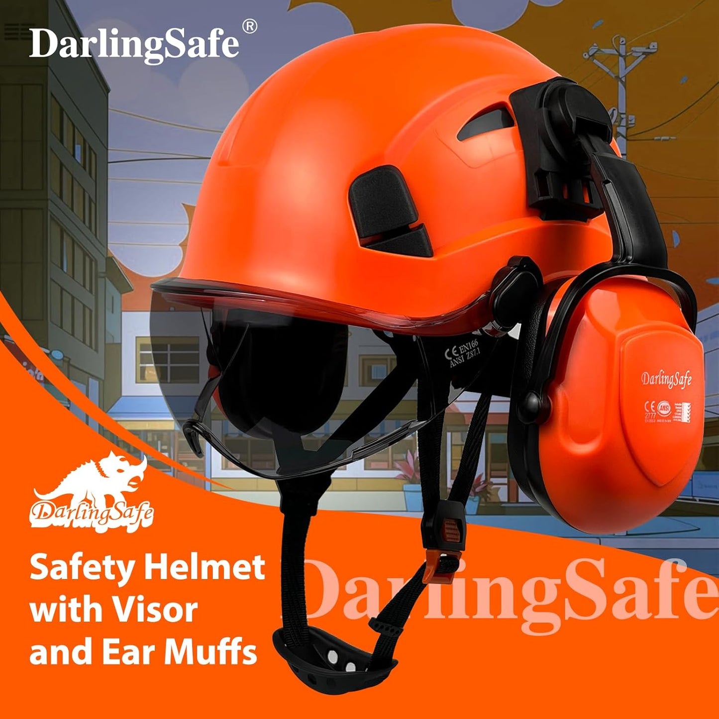 DarlingSafe Vented Safety Helmet with Visor, Ear Muffs, ANSI Z89.1 - Outdoor Work Hard Hat for Construction