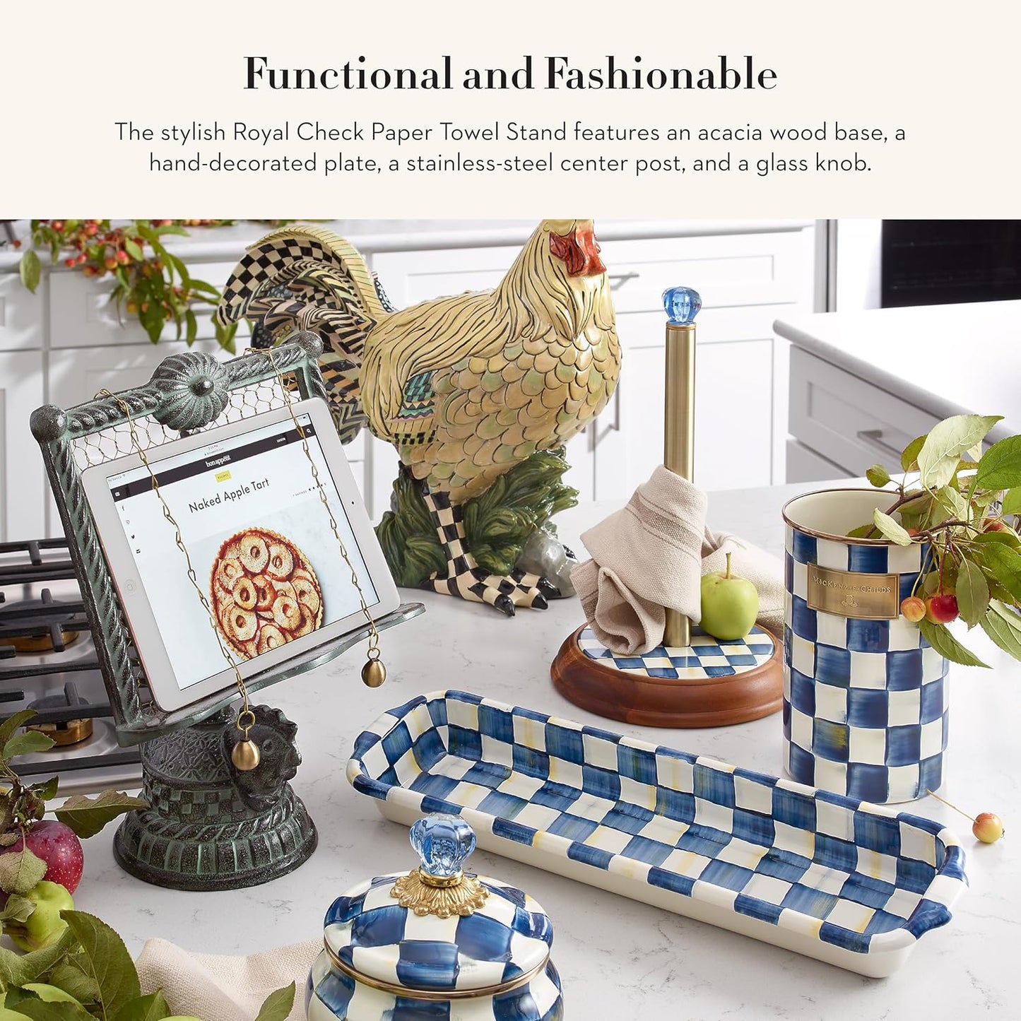Decorative Blue-and-White Royal Check Wood Paper Towel Holder for Kitchen by MACKENZIE-CHILDS