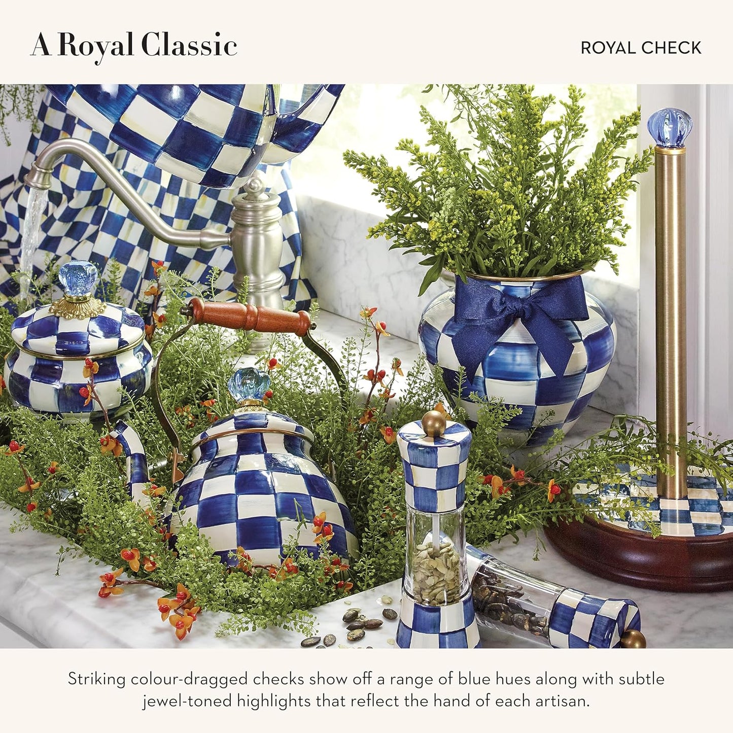 Decorative Blue-and-White Royal Check Wood Paper Towel Holder for Kitchen by MACKENZIE-CHILDS