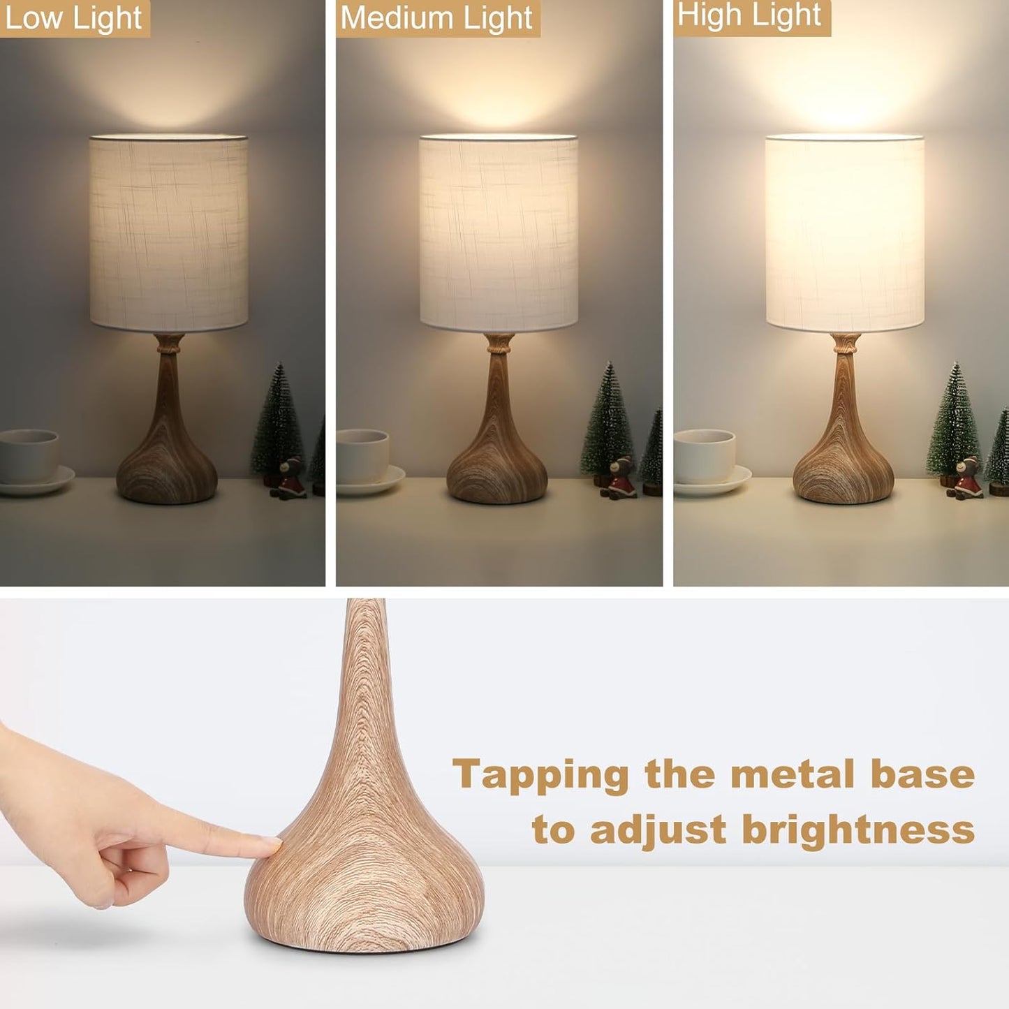 Dimmable Bedside Lamp with Touch Control, Wood Grain Base, Desk and Night Light for Bedroom and Living Room - Includes 9W LED Bulb