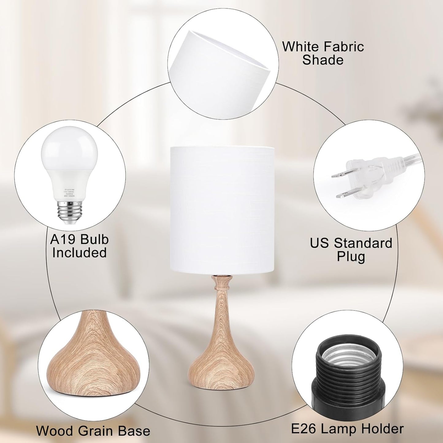 Dimmable Bedside Lamp with Touch Control, Wood Grain Base, Desk and Night Light for Bedroom and Living Room - Includes 9W LED Bulb