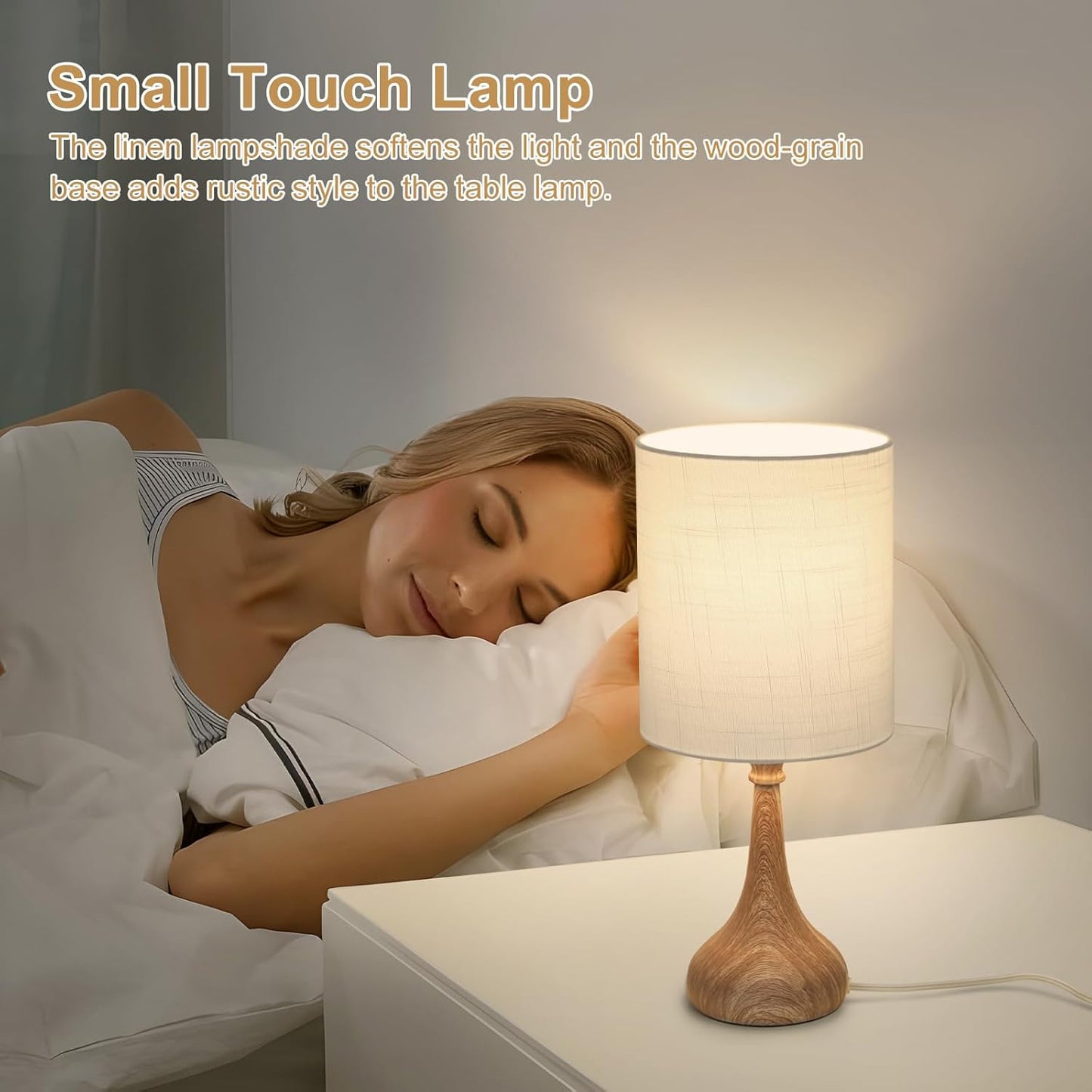 Dimmable Bedside Lamp with Touch Control, Wood Grain Base, Desk and Night Light for Bedroom and Living Room - Includes 9W LED Bulb