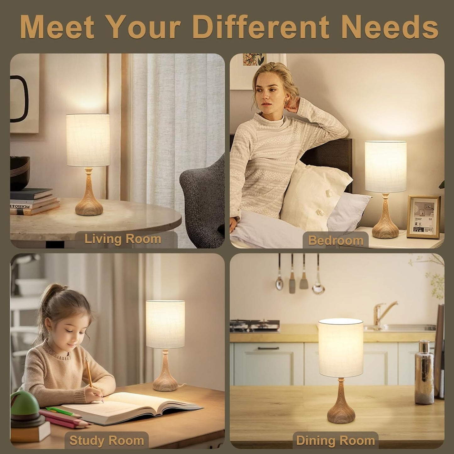 Dimmable Bedside Lamp with Touch Control, Wood Grain Base, Desk and Night Light for Bedroom and Living Room - Includes 9W LED Bulb