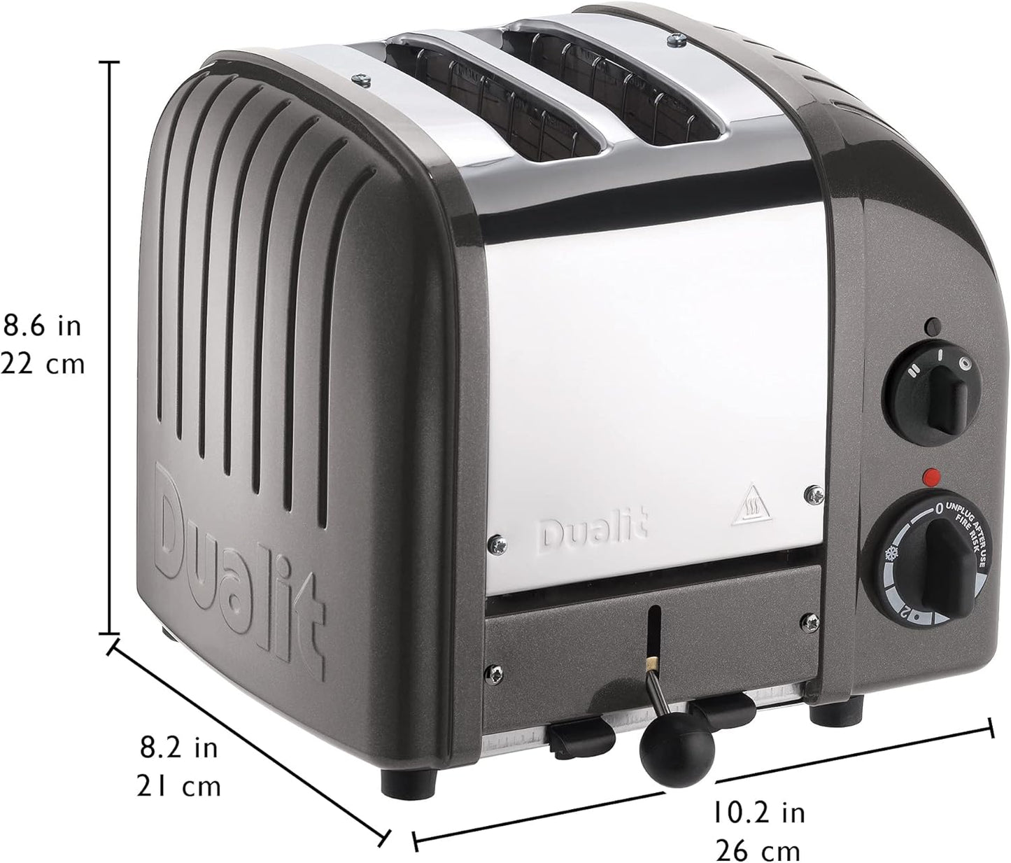 Dualit Classic 2 Slice NewGen Toaster in Stainless Steel with Replaceable ProHeat Elements, Defrost Function, Mechanical Timer, Metallic Charcoal Finish - Hand Built in the UK