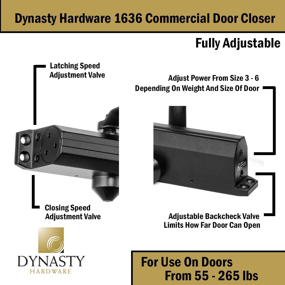 Dynasty Hardware Series 1636 Door Closer - Adjustable Spring Size 3-6, Hydraulic Automatic Closer in Dark Bronze