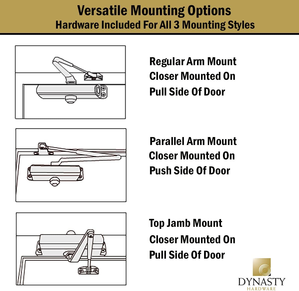 Dynasty Hardware Series 1636 Door Closer - Adjustable Spring Size 3-6, Hydraulic Automatic Closer in Dark Bronze