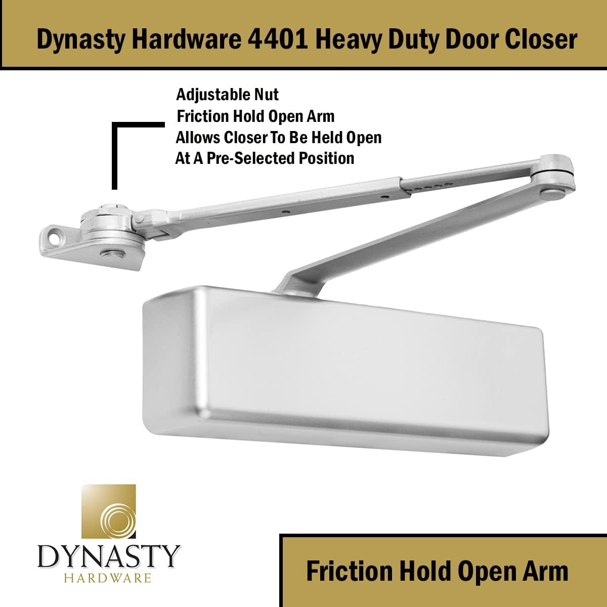 Dynasty Hardware Series 4401 Hold Open Arm Door Closer - Heavy Duty Commercial Grade, ADA Compliant, Adjustable Spring - Sprayed Aluminum Finish
