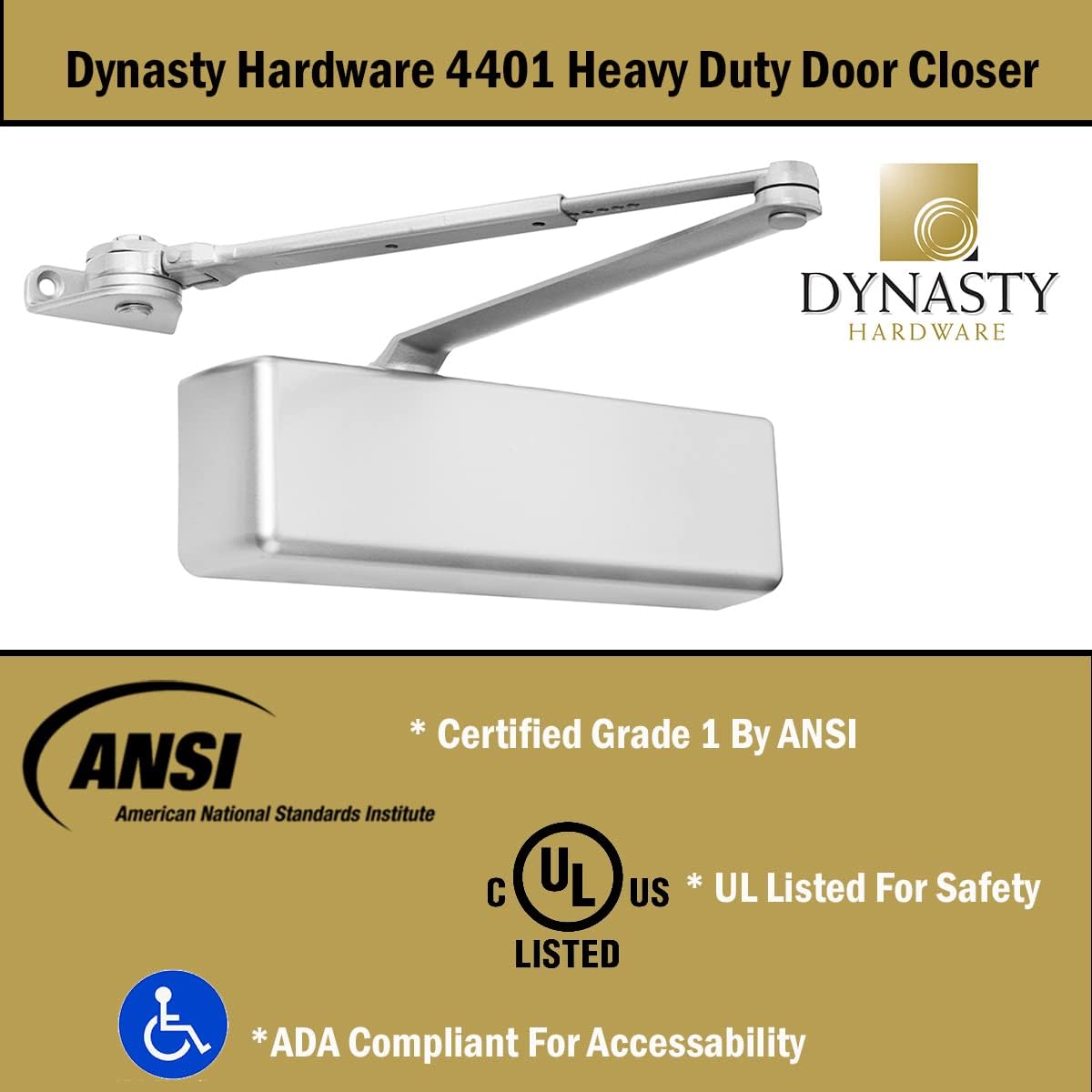 Dynasty Hardware Series 4401 Hold Open Arm Door Closer - Heavy Duty Commercial Grade, ADA Compliant, Adjustable Spring - Sprayed Aluminum Finish