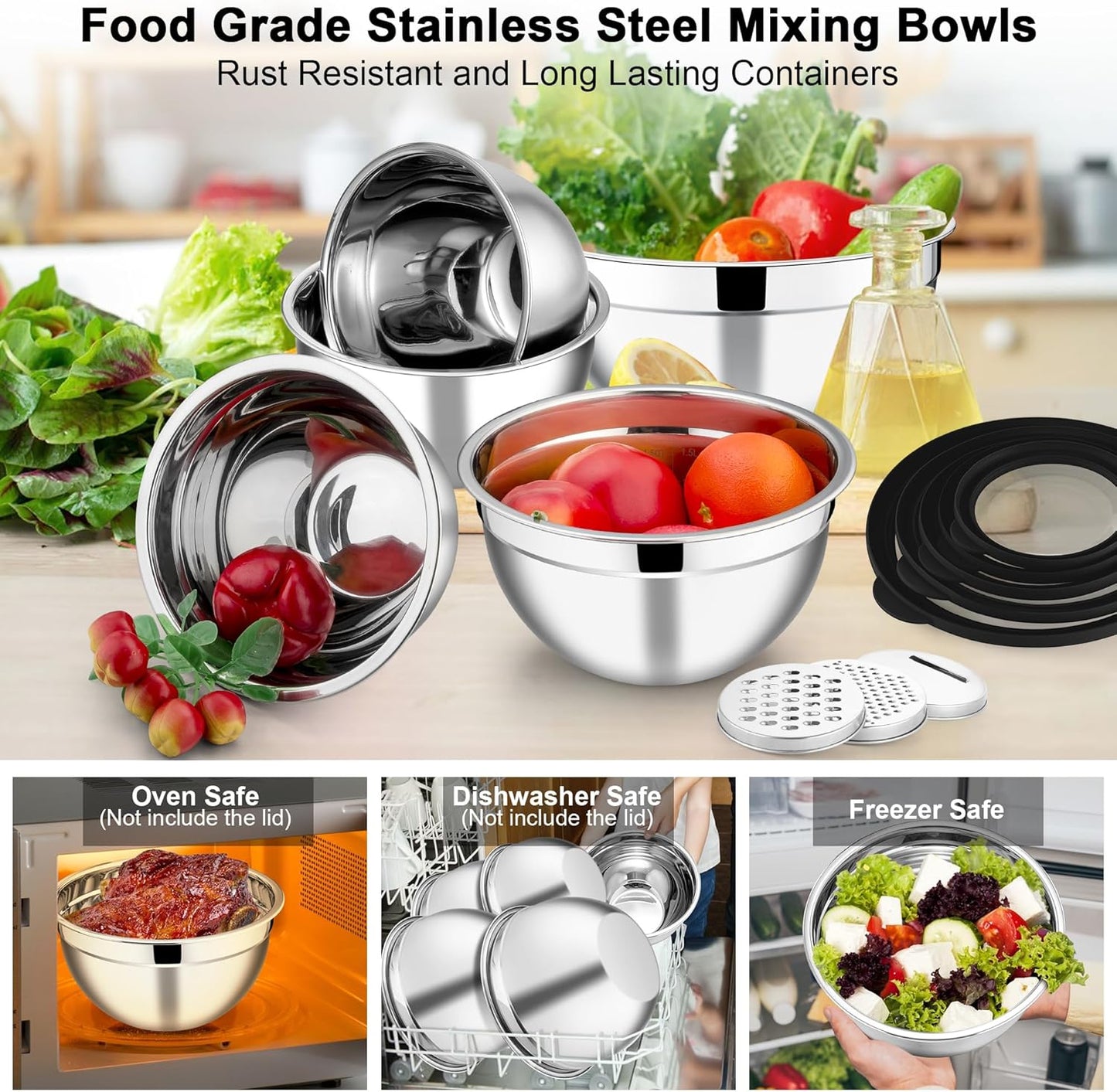 E-far 5-Piece Stainless Steel Mixing Bowl Set with Lids, 3 Graters - Black