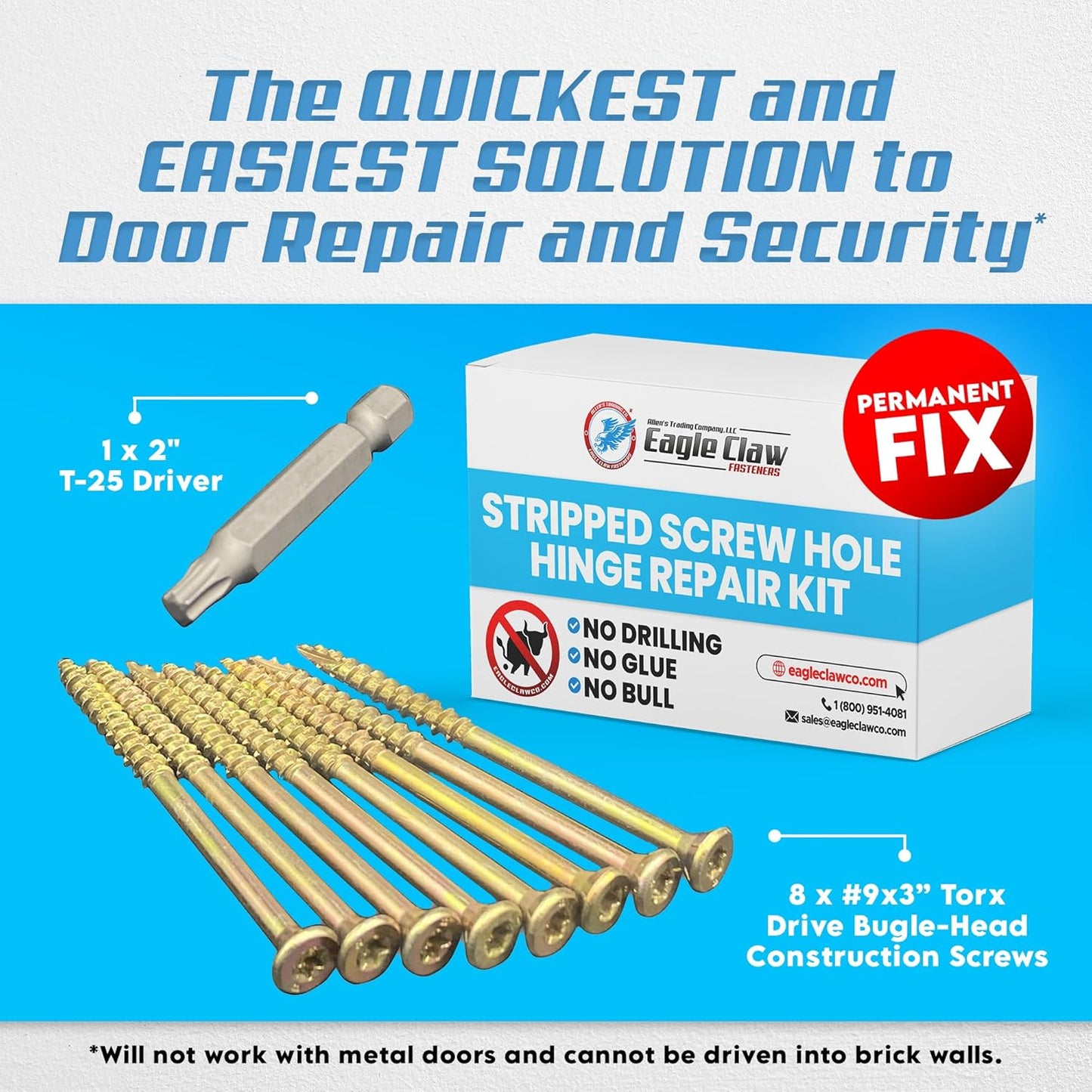 Eagle Claw Fasteners DIY Stripped Screw Hole Repair Kit - No Pre-Drilling or Glue Needed
