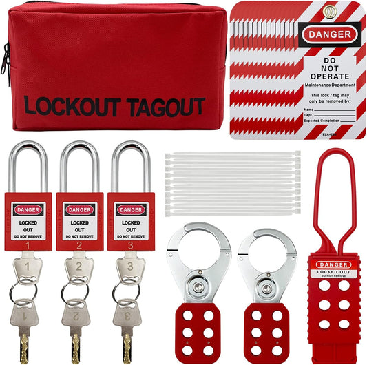 Electrical Lockout Tagout Kit with Group Lockout Hasps, Safety Padlocks, Tags, and Nylon Ties - Red Bag Included - WildKart