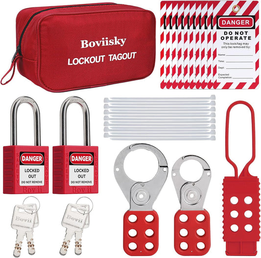 Electrical Lockout Tagout Kit with Group Lockout Hasps, Lockout Tags, Safety Padlocks, Nylon Ties, and Red Bag
