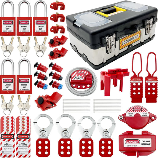 Electrical Lockout Tagout Kit with Group Lockout Hasps, Safety Padlocks, Tags, Nylon Ties - Complete Set in Tool Box