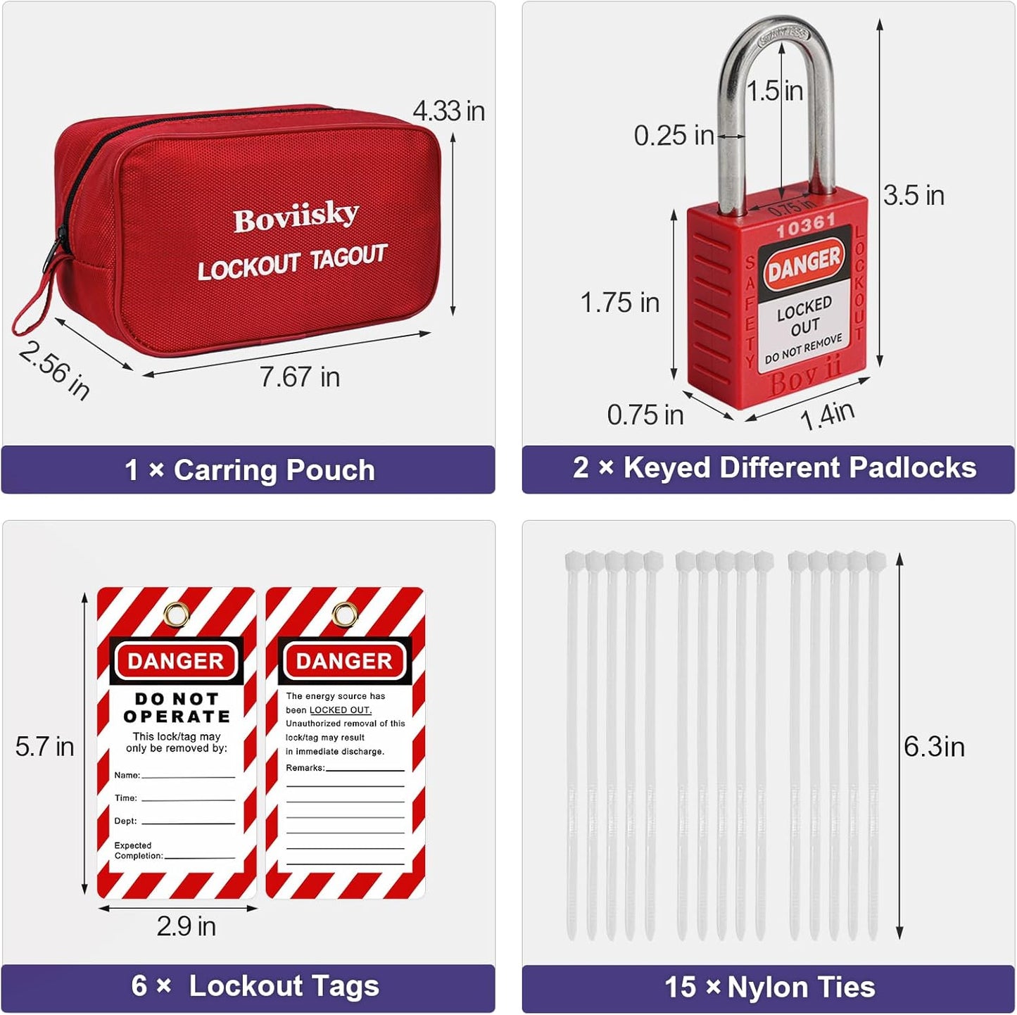 Electrical Lockout Tagout Kit with Group Lockout Hasps, Lockout Tags, Safety Padlocks, Nylon Ties, and Red Bag