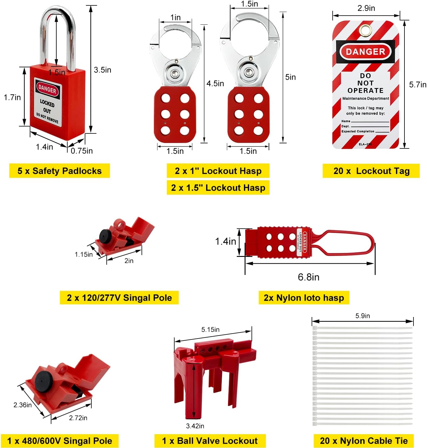 Electrical Lockout Tagout Kit with Group Lockout Hasps, Safety Padlocks, Tags, Nylon Ties - Complete Set in Tool Box