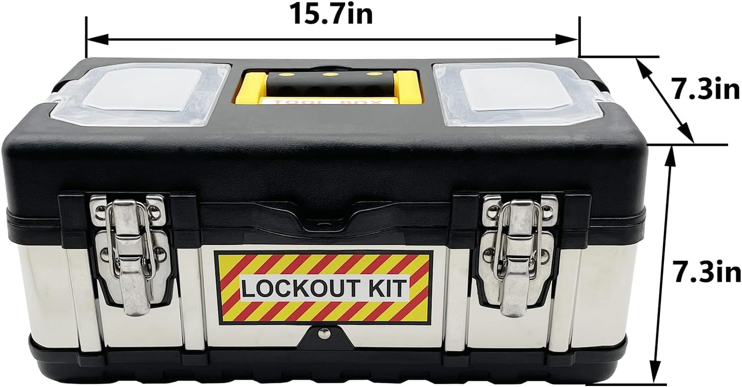 Electrical Lockout Tagout Kit with Group Lockout Hasps, Safety Padlocks, Tags, Nylon Ties - Complete Set in Tool Box