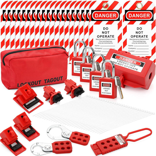 Electrical Lockout Tagout Kit with Hasps, Circuit Breaker Lockouts, Lockout Tags, Plug Lockout, Loto Locks, Zip Ties, Carrying Bag - 2 Keys Per Lock