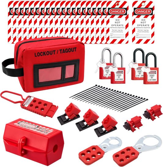 Electrical Loto Kit with Lockout Hasps, Safety Padlocks, Plug & Clamp Lockouts, Circuit Breaker Lockouts, Tags, Zip Ties, Red Bag for Safety