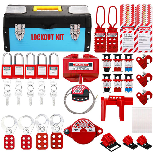 Electrical Safety Lockout Tagout Kit with Clamp-On Circuit Breaker Lockout, Padlocks, Hasps, and More