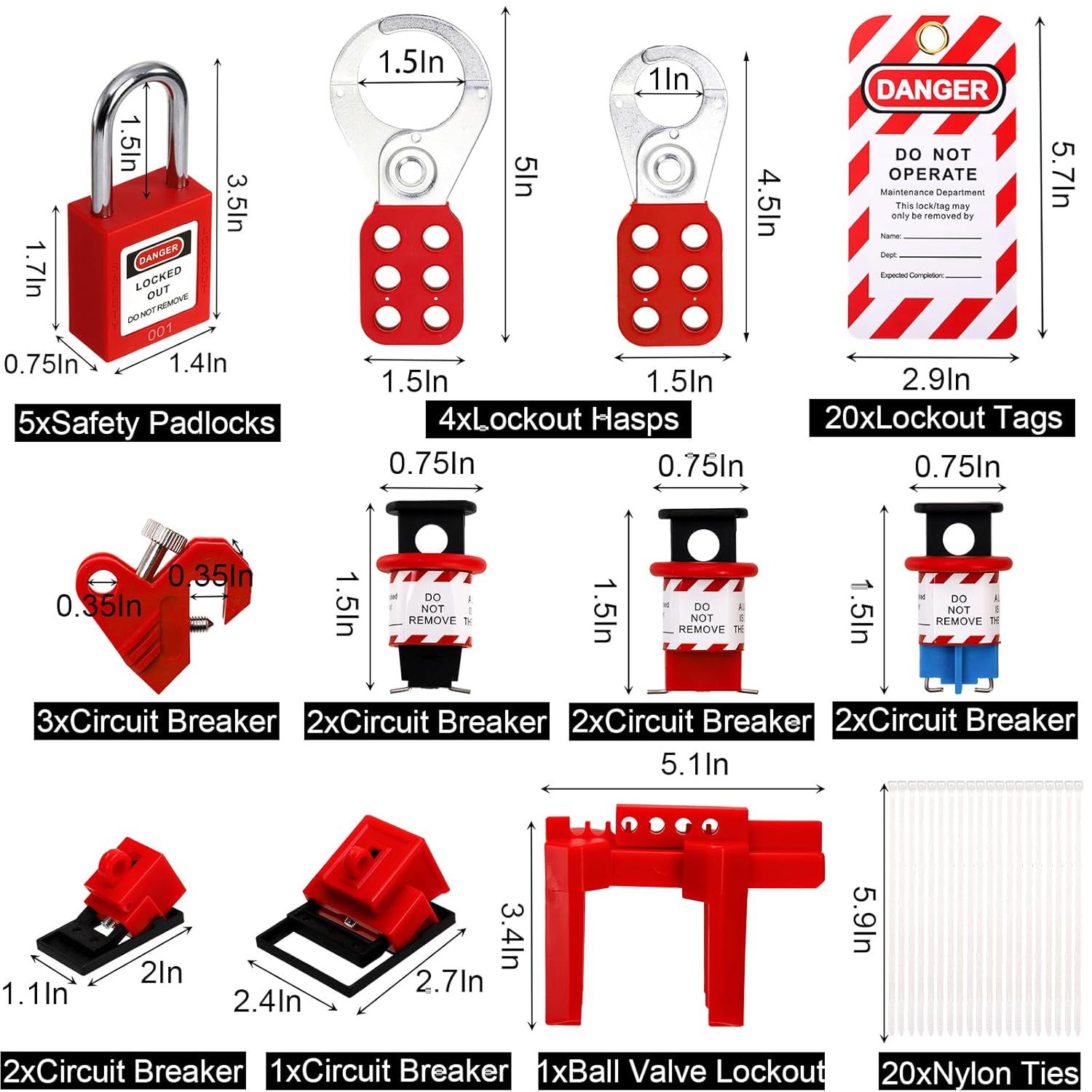 Electrical Safety Lockout Tagout Kit with Clamp-On Circuit Breaker Lockout, Padlocks, Hasps, and More