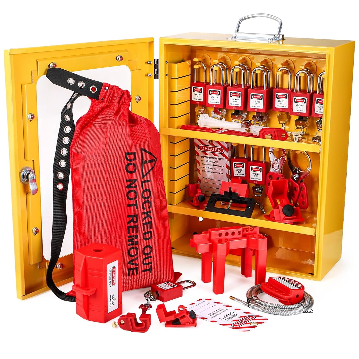 Electrical Safety Lockout Tagout Station with 80 Pieces Kit - Includes Padlock, Hasp, Tags, Ties, Breaker Lock, Valve Lock, Plug Lock, Cable Lock