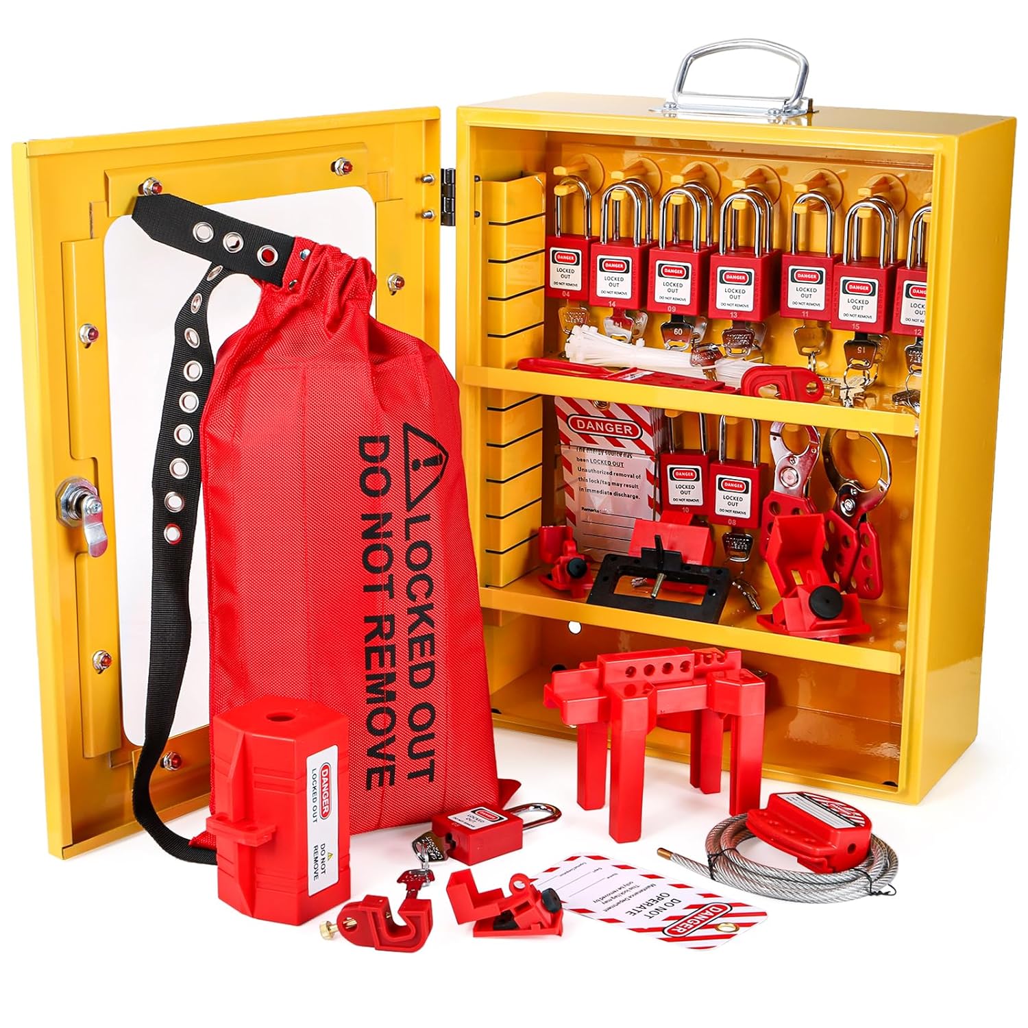 Electrical Safety Lockout Tagout Station with 80 Pieces Kit - Includes Padlock, Hasp, Tags, Ties, Breaker Lock, Valve Lock, Plug Lock, Cable Lock