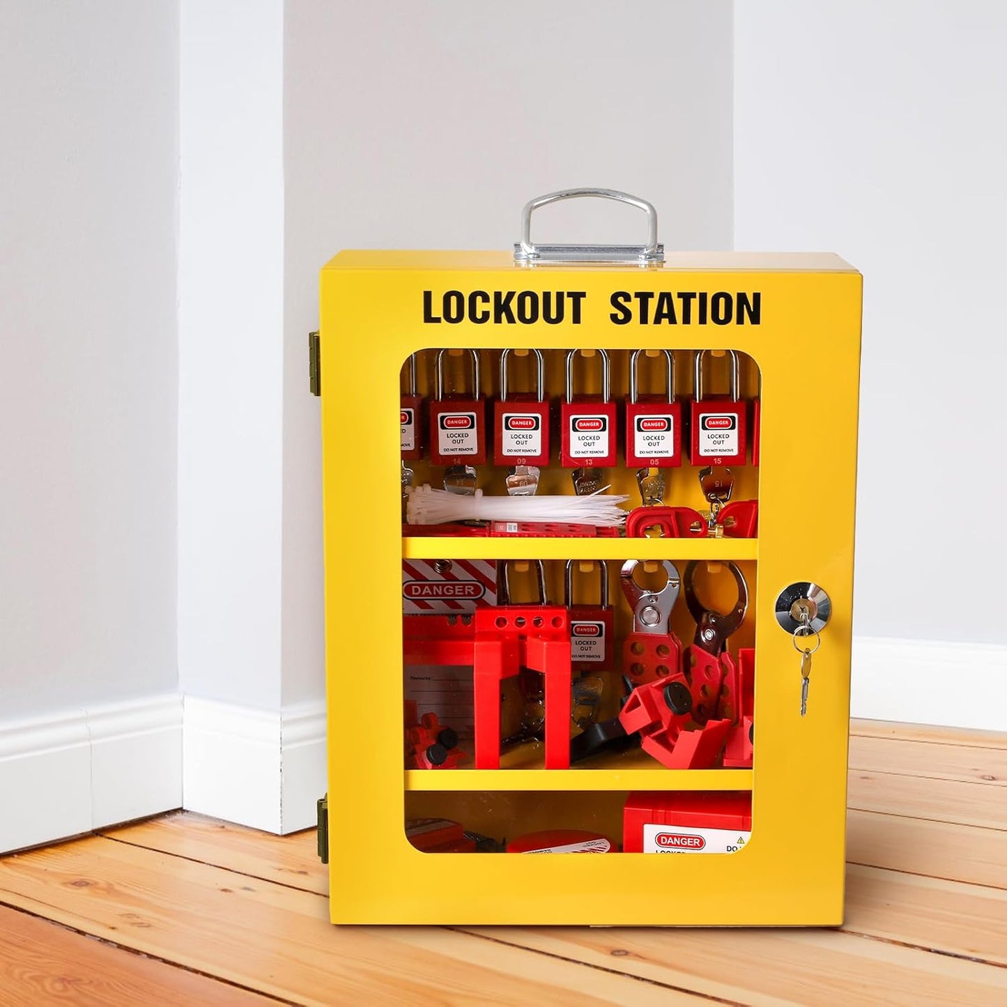 Electrical Safety Lockout Tagout Station with 80 Pieces Kit - Includes Padlock, Hasp, Tags, Ties, Breaker Lock, Valve Lock, Plug Lock, Cable Lock