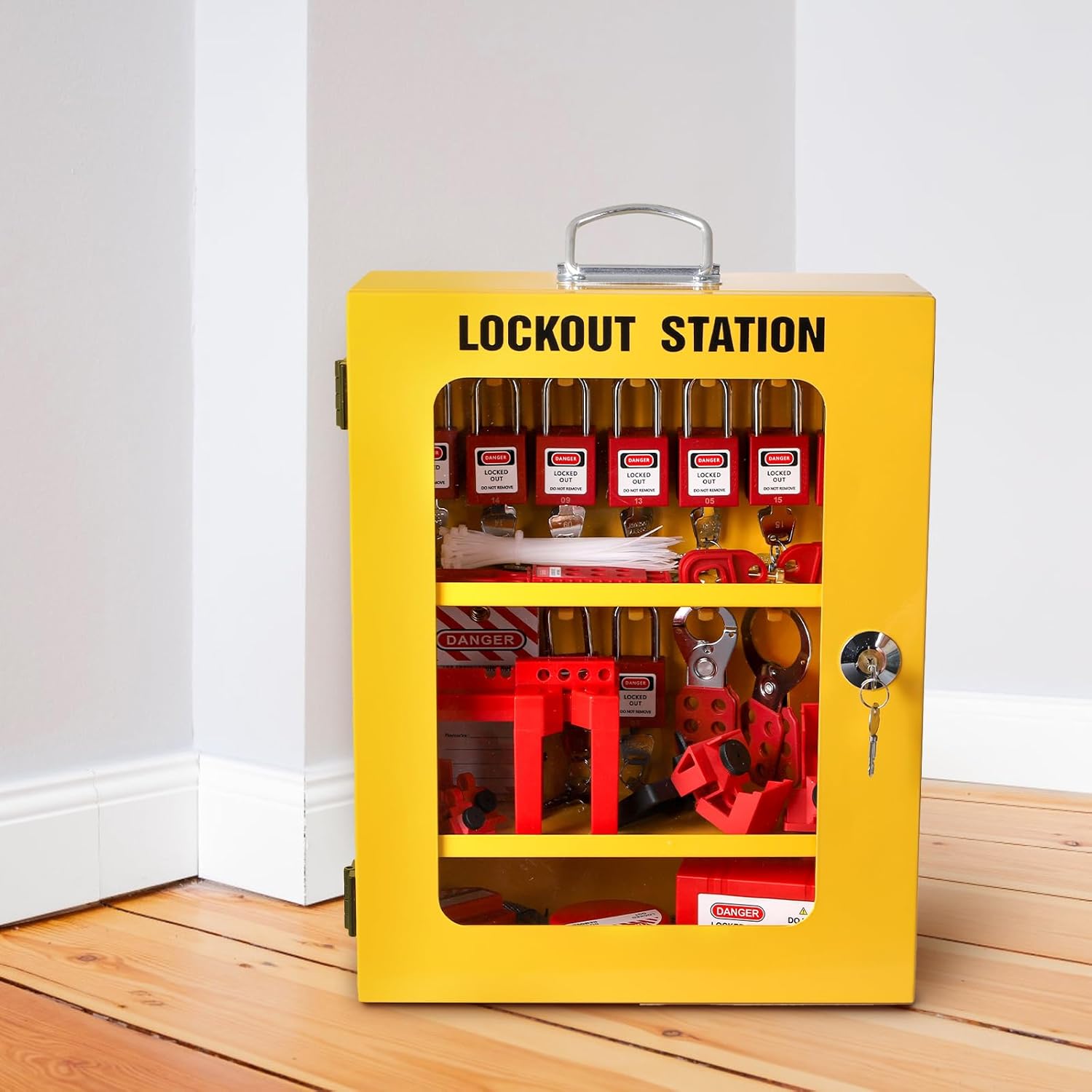 Electrical Safety Lockout Tagout Station with 80 Pieces Kit - Includes Padlock, Hasp, Tags, Ties, Breaker Lock, Valve Lock, Plug Lock, Cable Lock