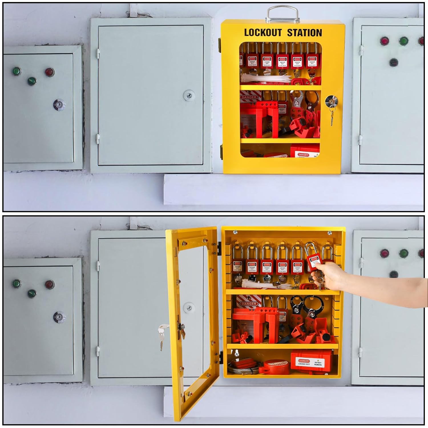 Electrical Safety Lockout Tagout Station with 80 Pieces Kit - Includes Padlock, Hasp, Tags, Ties, Breaker Lock, Valve Lock, Plug Lock, Cable Lock