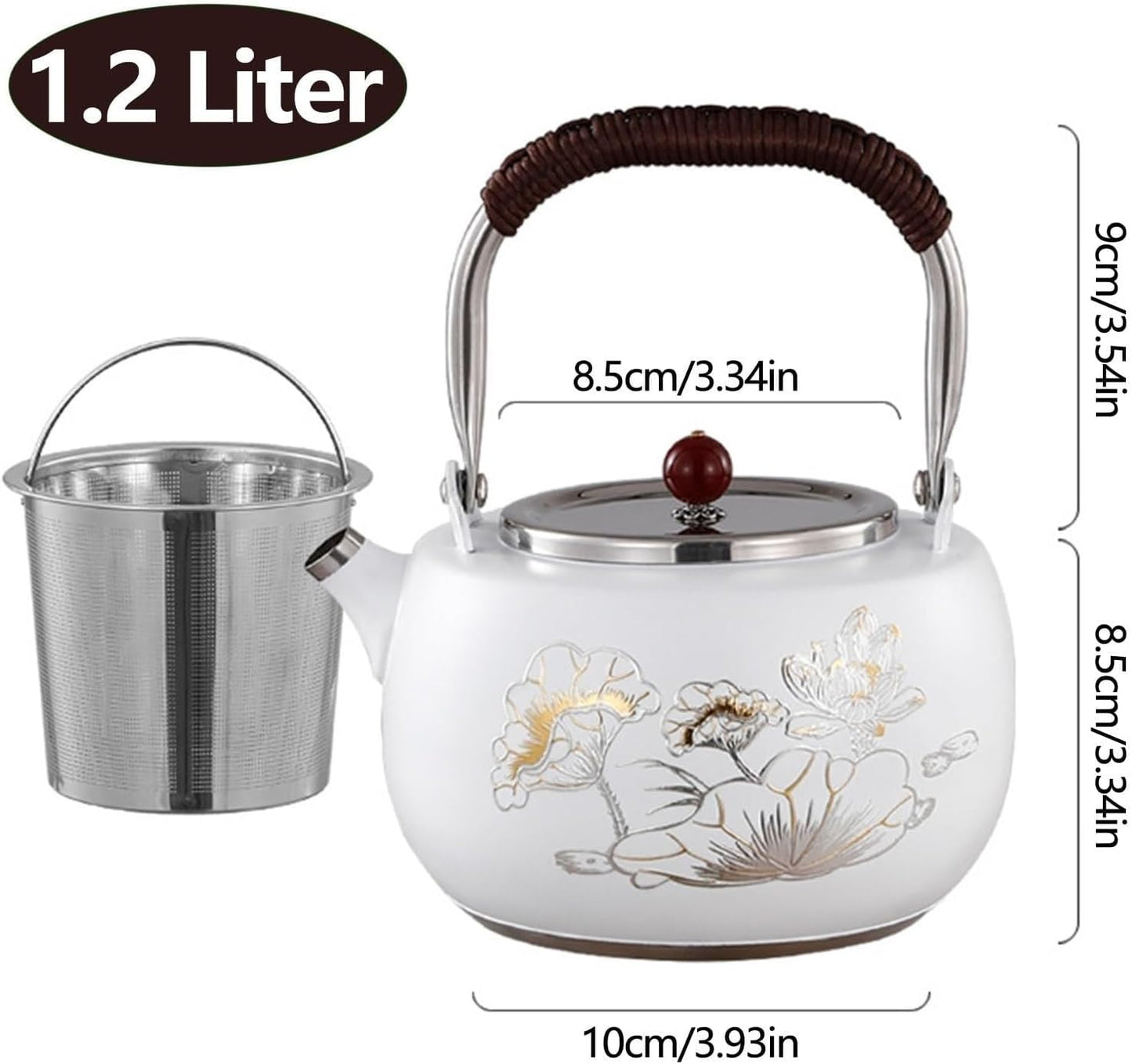 Elegant 1.3 Quart Whistling Tea Kettle - Stainless Steel with Bird and Cloud Flower Design - Compatible with All Stovetops - White