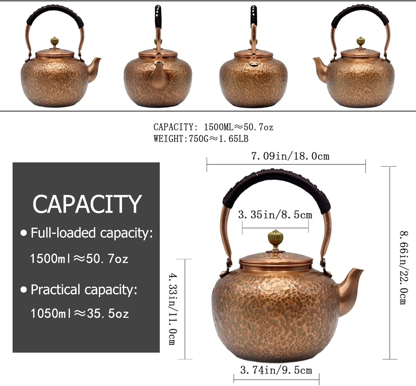 Elegant Chinese Style Copper Tea Kettle with Stainless Steel Infuser - 50.7oz Capacity - Non-Coating Pure Copper Teapot for Stovetop - Large 1500ml Solid Tea Pot