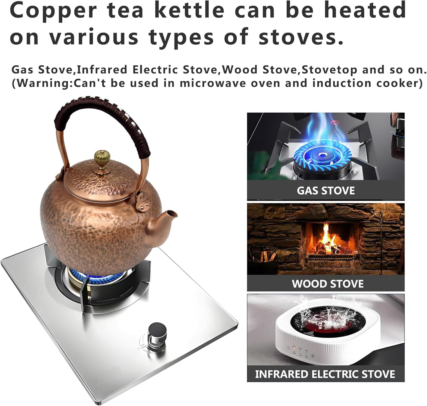 Elegant Chinese Style Copper Tea Kettle with Stainless Steel Infuser - 50.7oz Capacity - Non-Coating Pure Copper Teapot for Stovetop - Large 1500ml Solid Tea Pot