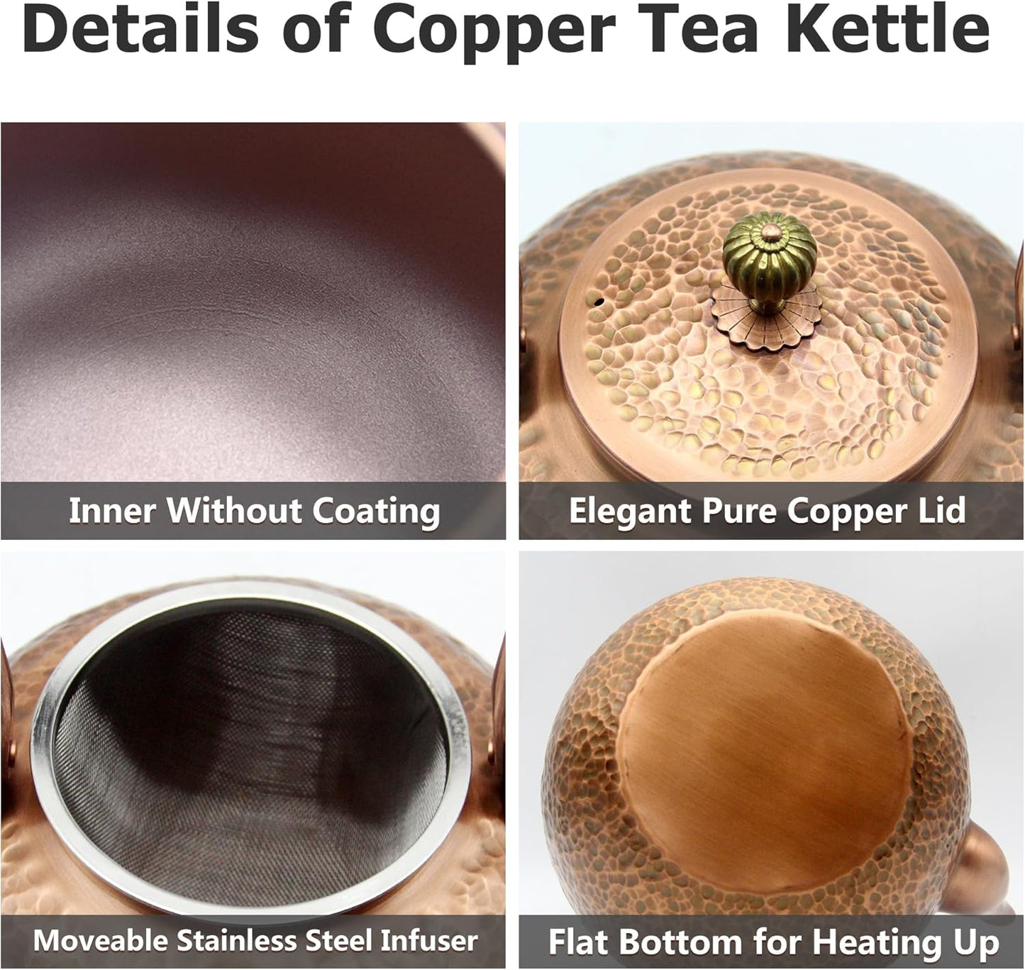 Elegant Chinese Style Copper Tea Kettle with Stainless Steel Infuser - 50.7oz Capacity - Non-Coating Pure Copper Teapot for Stovetop - Large 1500ml Solid Tea Pot
