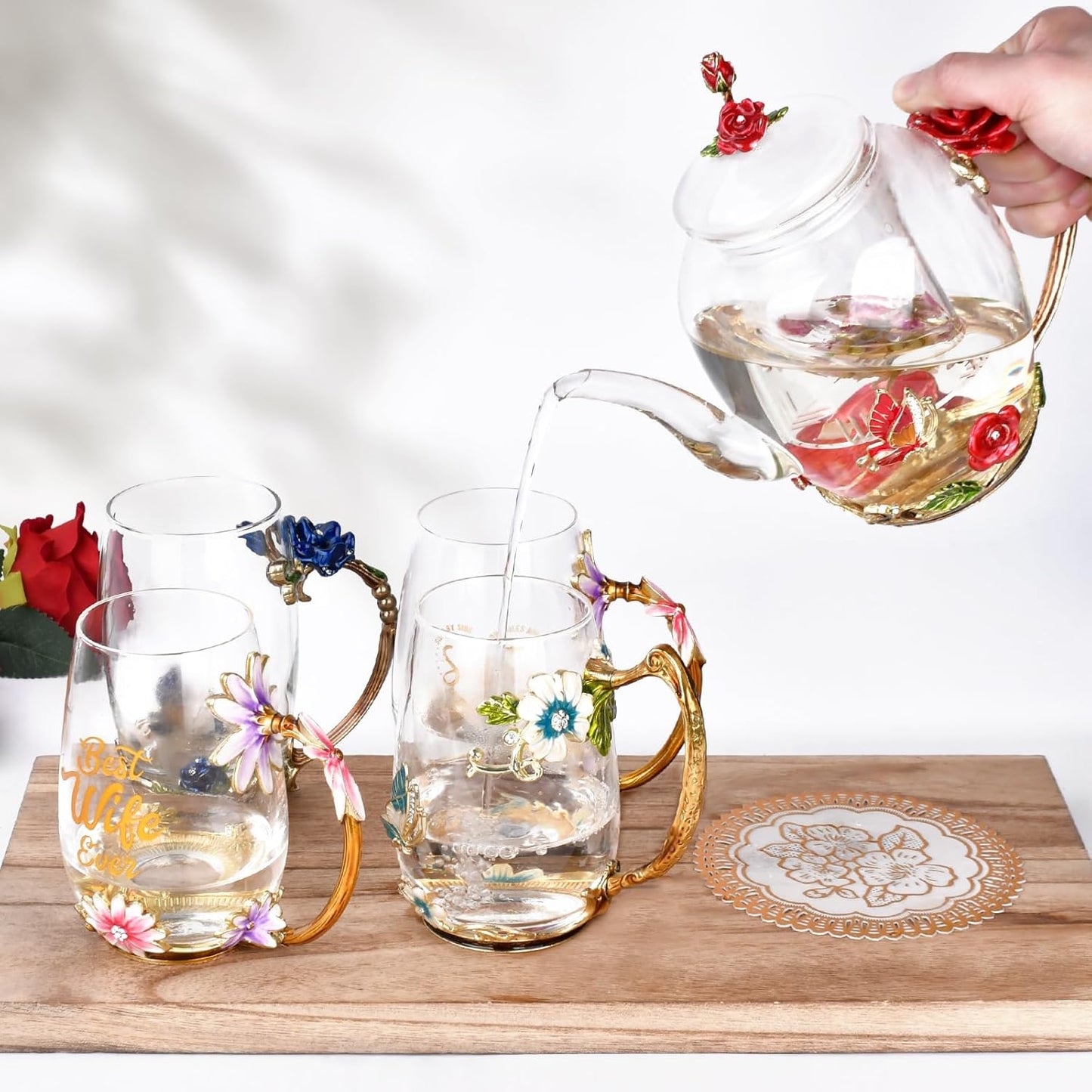 Enamel Glass Flower Tea Pot Set with Removable Infuser 30.4OZ - Perfect Gift for Women, Mom, Birthday