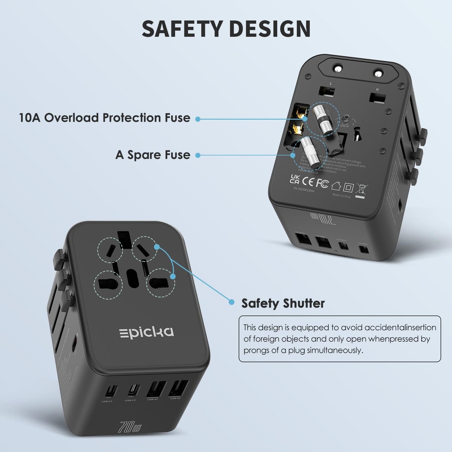 EPICKA Universal Travel Adapter with GaN Technology - 5-in-1 International Plug Adapter with 3 USB-C and 2 USB-A Ports for Fast Charging - Compatible in USA EU UK AUS - Black