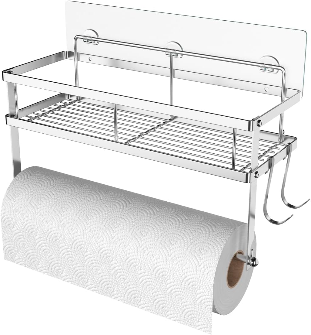 ESOW Adhesive Paper Towel Holder with Shelf Storage, Wall Mounted 2-in-1 Organizer for Kitchen & Bathroom - Durable Metal Wire Design, Brushed Nickel Finish
