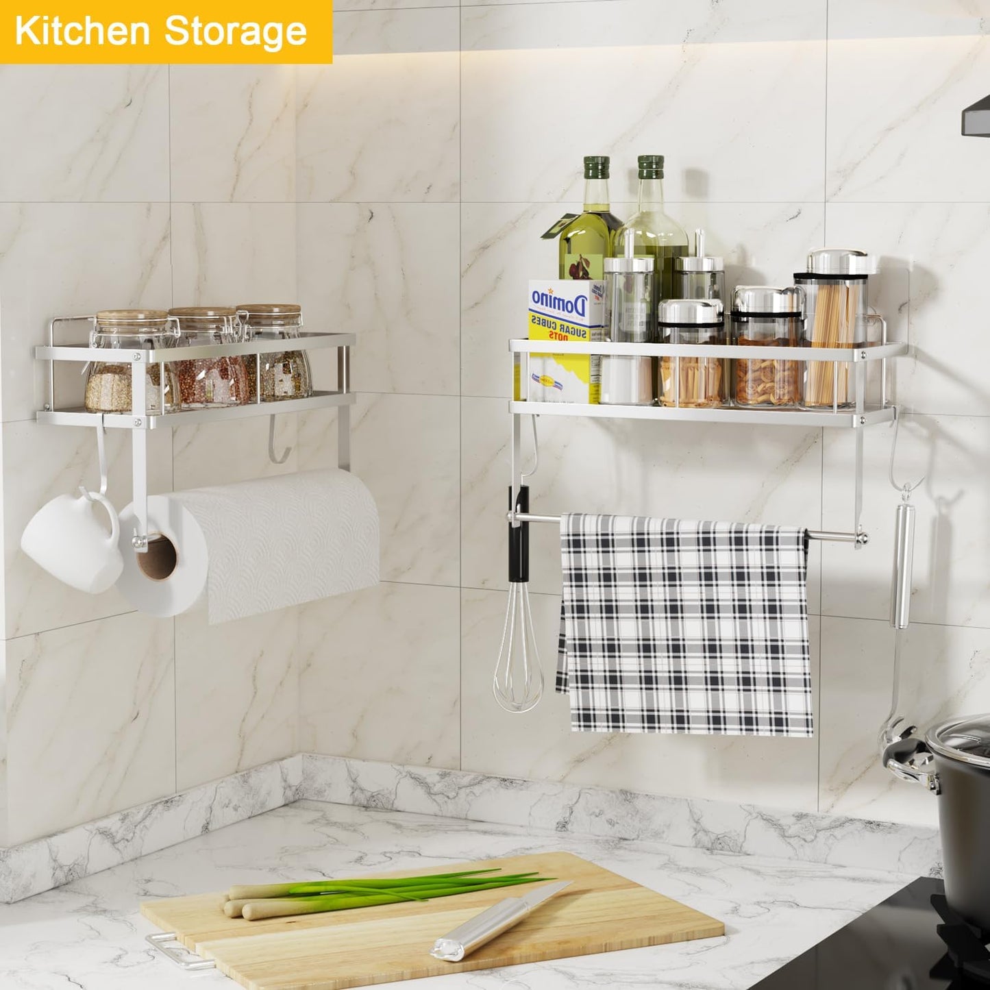 ESOW Adhesive Paper Towel Holder with Shelf Storage, Wall Mounted 2-in-1 Organizer for Kitchen & Bathroom - Durable Metal Wire Design, Brushed Nickel Finish