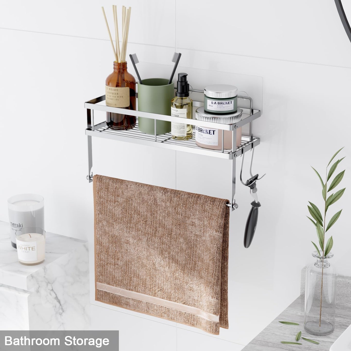 ESOW Adhesive Paper Towel Holder with Shelf Storage, Wall Mounted 2-in-1 Organizer for Kitchen & Bathroom - Durable Metal Wire Design, Brushed Nickel Finish